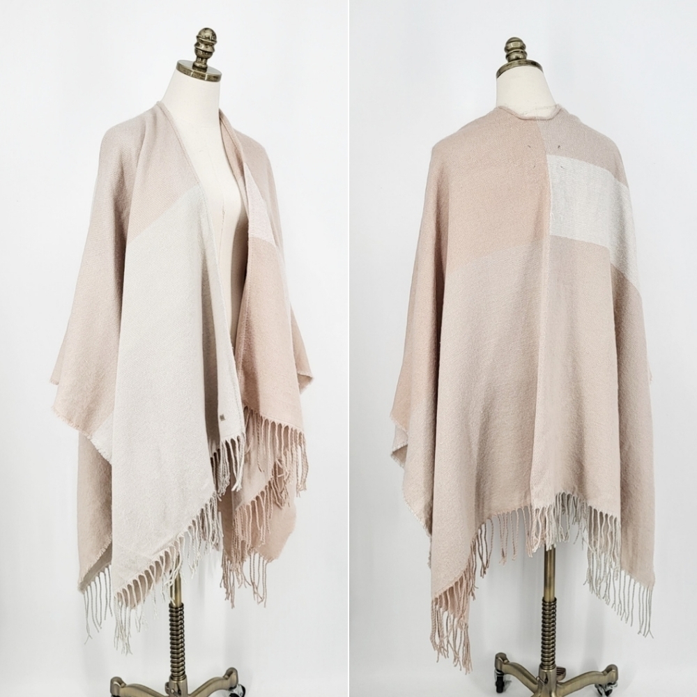 Soia & Kyo Knit Scarf Cardigan Wrap Sweater Fringe Colorblock Tan Cream NWT